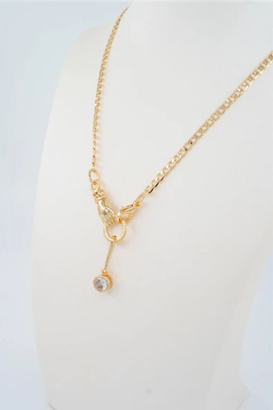 Kadın Özel Tasarım Zirkon Oval Taşlı ve El Figürlü Prenses Zincirli Kolye - Resim 2