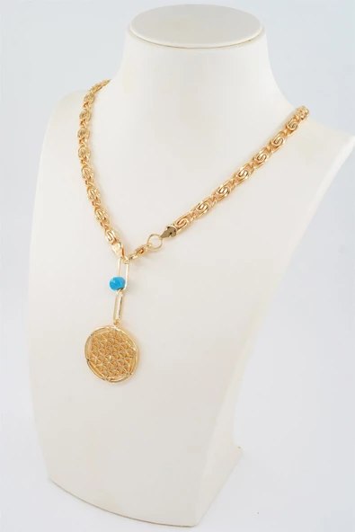 Kadın Özel Tasarım Ezme Zincir Mavi Boncuklu Madalyon Kolye - Resim 3