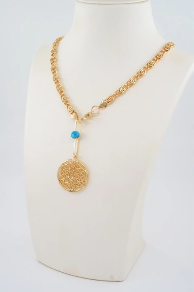 Kadın Özel Tasarım Ezme Zincir Mavi Boncuklu Madalyon Kolye ürün görseli