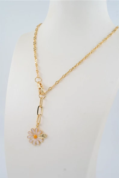 Kadın Özel Tasarım Önden Kilit Detaylı Mineli Papatya Figürlü Kolye - Resim 2