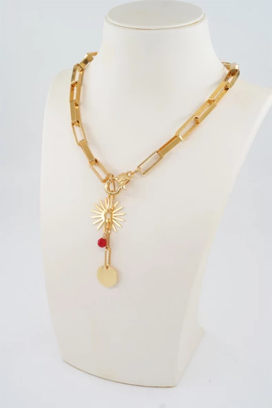 Kadın Özel Tasarım Kırmızı Boncuklu ve Güneş Figürlü Kolye ürün görseli
