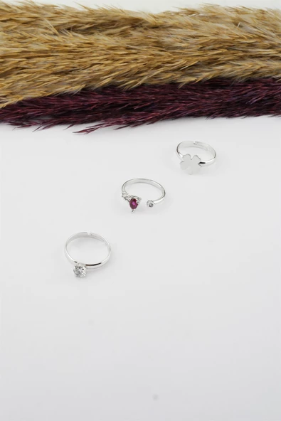 Kadın Özel Tasarım Ayarlanabilir Numarasız Zirkon Taşlı Yonca Figürlü 3'lü Kombin Yüzük Seti - Resim 2