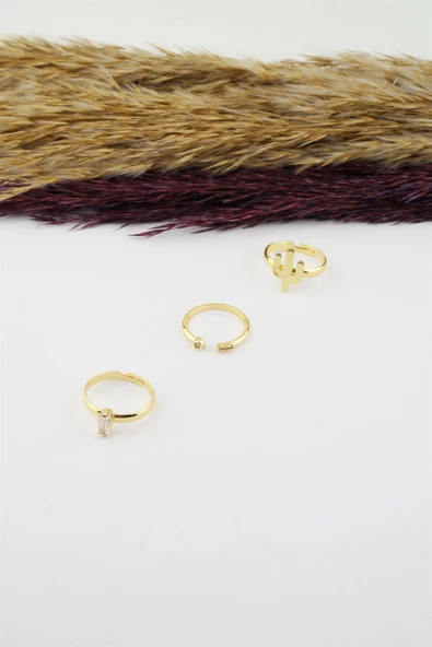 Kadın Özel Tasarım Ayarlanabilir Numarasız Zirkon Taşlı Kaktüs Figürlü  3'lü Kombin Yüzük Seti - Resim 2