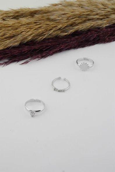 Kadın Özel Tasarım Ayarlanabilir Numarasız Zirkon Taşlı Güneş Figürlü 3'lü Kombin Yüzük Seti - Resim 2