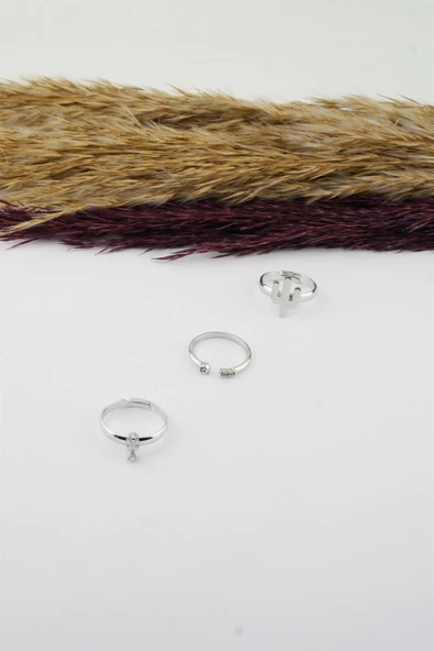 Kadın Özel Tasarım Ayarlanabilir Numarasız Zirkon Taşlı Kaktüs Figürlü  3'lü Kombin Yüzük Seti - Resim 2