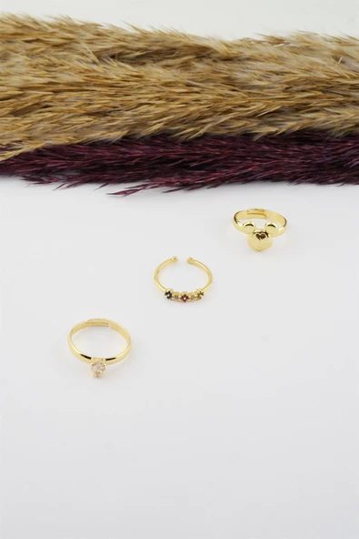 Kadın Özel Tasarım Ayarlanabilir Numarasız Zirkon Taşlı 3'lü Kombin Yüzük Seti - Resim 2