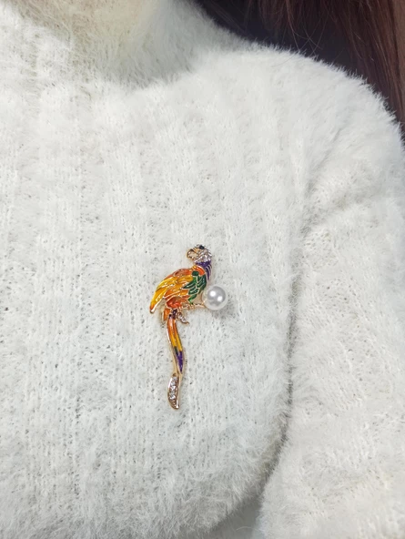 Kadın Özel Tasarım Suni İncili Papağan Figürlü Broş - Resim 2