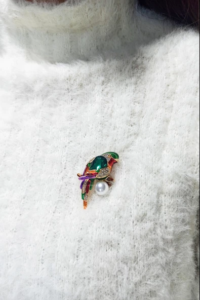 Kadın Özel Tasarım Suni İncili Papağan Figürlü Broş - Resim 2