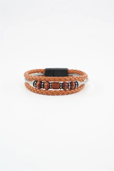 Erkek Hakiki Örme Deri  Kombin 3'lü Bileklik  Manyetik Klipsli - 2