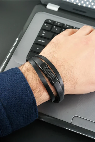 Erkek Hakiki Deri 3'lü Kombin Bileklik Manyetik Klipsli