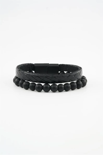 Erkek Hakiki Örme Deri  Kombin 2'li Bileklik  Manyetik Klipsli - 2