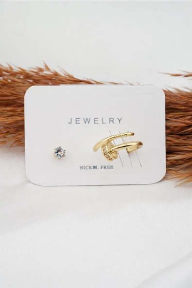 Kadın Altın Kaplama Zirkon Taşlı Çivi Model Earcuf Kıkırdak Küpe - Resim 2