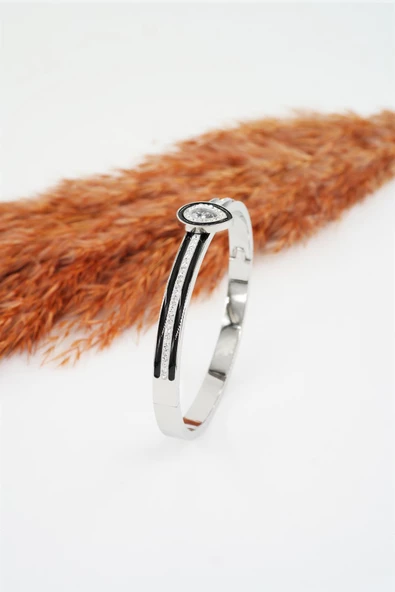 Kadın 316 L Paslanmaz Çelik Anti Alerjenik  Baget Zirkon Taşlı Mineli Çelik Bileklik - Resim 3