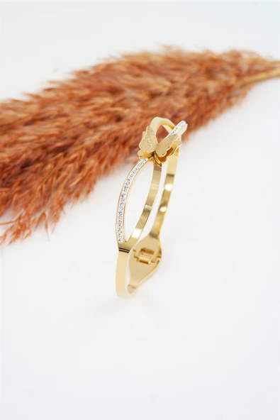 Kadın 316 L Paslanmaz Çelik Anti Alerjenik  Zirkon Taşlı Kelebek Model Bileklik - Resim 3