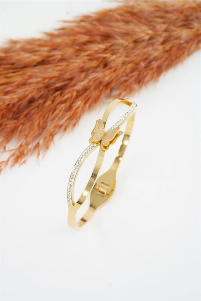 Kadın 316 L Paslanmaz Çelik Anti Alerjenik  Zirkon Taşlı Kelebek Model Bileklik ürün görseli