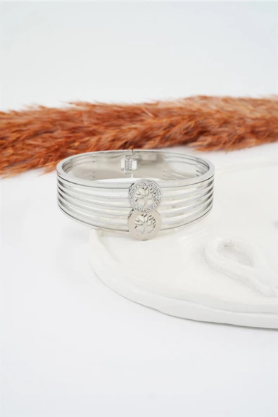 Kadın 316 L Paslanmaz Çelik Anti Alerjenik  Zirkon Taşlı Hayat Ağacı Figürlü Çelik Bileklik - Resim 2