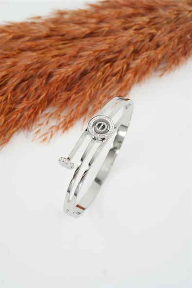 Kadın 316 L Paslanmaz Çelik Anti Alerjenik Zirkon Taşlı Çivi Model Çelik Bileklik - Resim 3