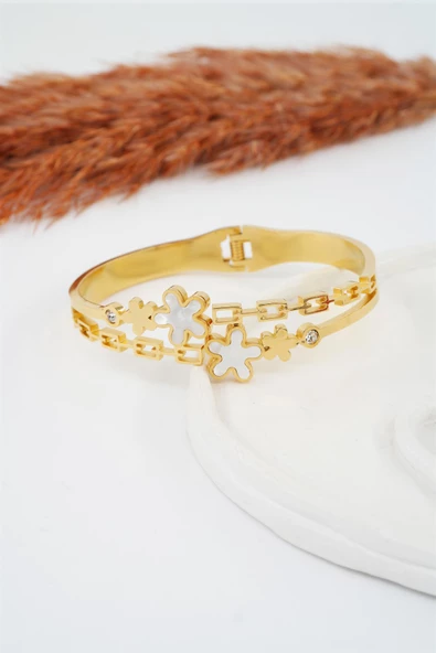 Kadın 316 L Paslanmaz Çelik Anti Alerjenik  Beyaz Taşlı Çiçek Model Bileklik - Resim 2