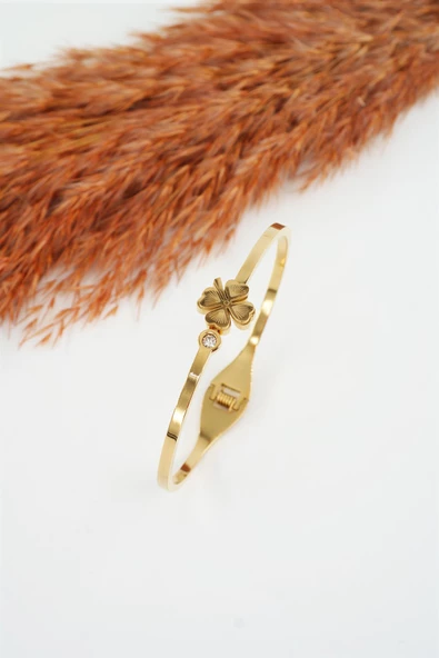 Kadın 316 L Paslanmaz Çelik Anti Alerjenik Zirkon Taşlı Yonca Model Çelik Bileklik ürün görseli