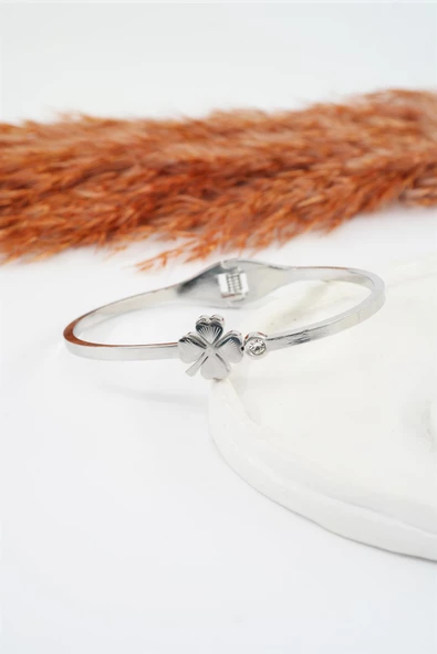 Kadın 316 L Paslanmaz Çelik Anti Alerjenik Zirkon Taşlı Yonca Model Çelik Bileklik - Resim 2