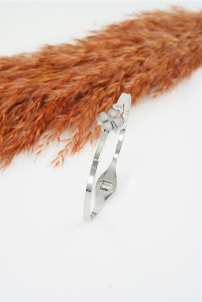 Kadın 316 L Paslanmaz Çelik Anti Alerjenik Zirkon Taşlı Yonca Model Çelik Bileklik - Resim 3