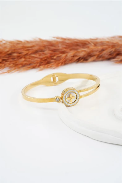 Kadın 316 L Paslanmaz Çelik Anti Alerjenik Zirkon Taşlı Yonca Model Çelik Bileklik - Resim 2