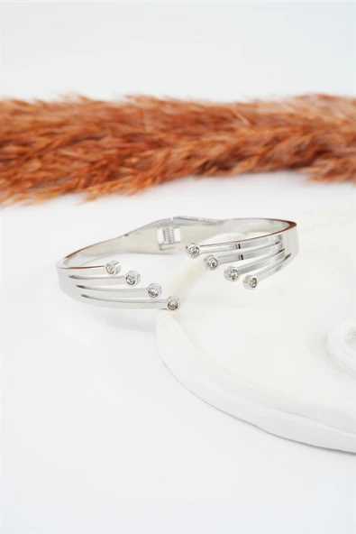 Kadın 316 L Paslanmaz Çelik Anti Alerjenik Zirkon Taşlı Çelik Bileklik - Resim 2