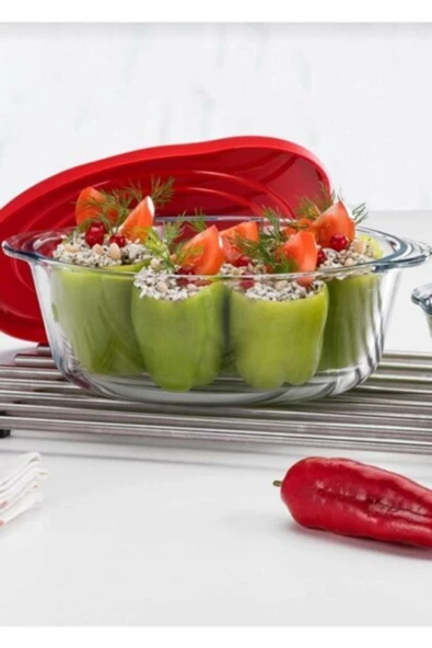 Paşabahçe 59123 Kırmızı Silikon Kapaklı Borcam Yuvarlak Tencere 1450 CC 25 Cm - 2
