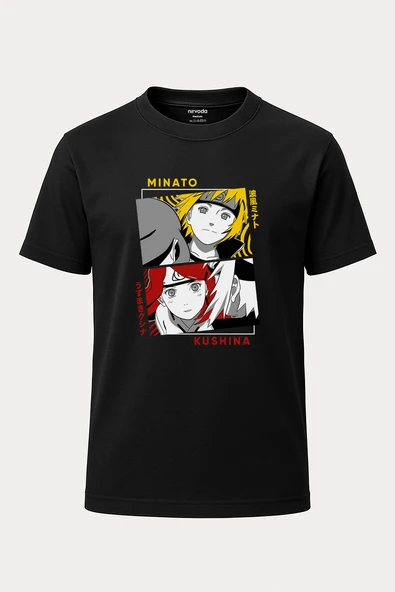 Minato Kushina İkilisi Naruto Baskılı Unisex Bisiklet Yaka Tişört Siyah