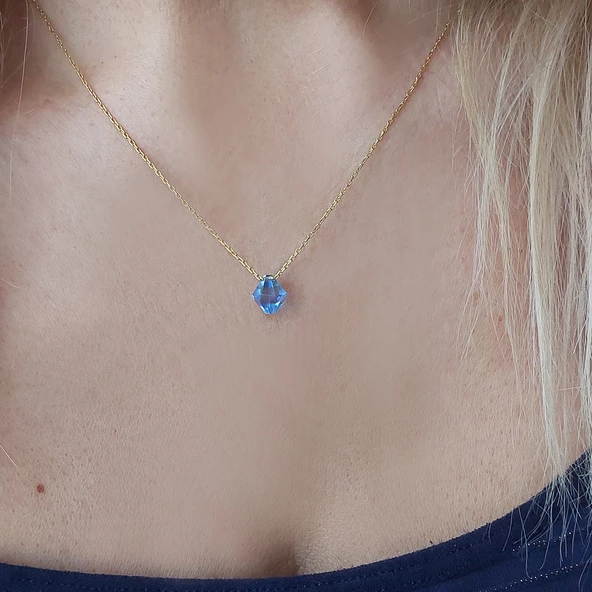 Vaoov 925 Ayar Gümüş Mavi Prizma Swarovski Taşlı Kolye - Resim 4