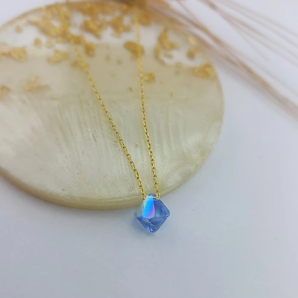 Vaoov 925 Ayar Gümüş Mavi Prizma Swarovski Taşlı Kolye - Resim 3