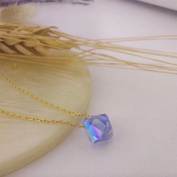 Vaoov 925 Ayar Gümüş Mavi Prizma Swarovski Taşlı Kolye - Resim 5