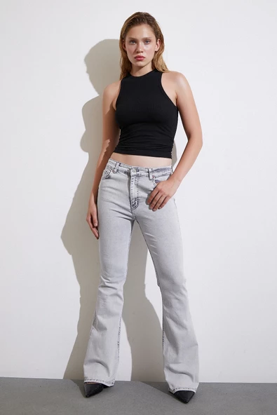 Yüksek Bel İspanyol Paça Jean Gri - 2