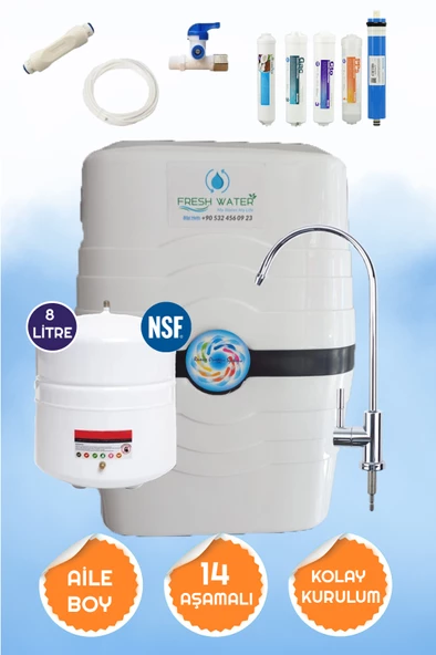 Fresh Water  Beyaz Zebra Model 14 Aşamalı 8 LT  Çelik Tank 5 Filtreli Yüksek Mineralli Pompasız Su Arıtma Cihazı