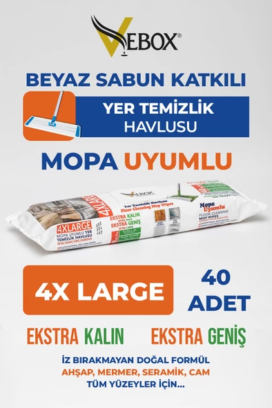 VEBOX Easy Wet Wipes Beyaz Sabun Katkılı Mopa Uyumlu Yer Temizlik Havlusu 4XL 40 Yaprak