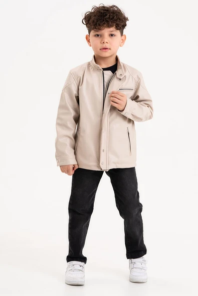 Çıtçıt Süslemeli Fermuarlı Astarlı Erkek Çocuk Deri Ceket - Resim 3