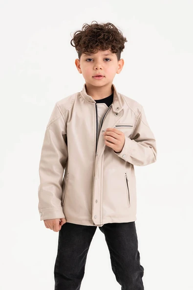 Çıtçıt Süslemeli Fermuarlı Astarlı Erkek Çocuk Deri Ceket - Resim 11