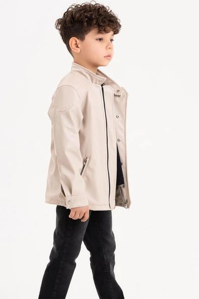Çıtçıt Süslemeli Fermuarlı Astarlı Erkek Çocuk Deri Ceket - 5