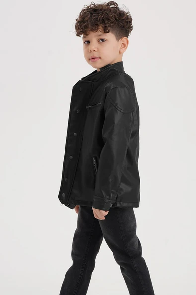 Çıtçıt Süslemeli Fermuarlı Astarlı Erkek Çocuk Deri Ceket - 8