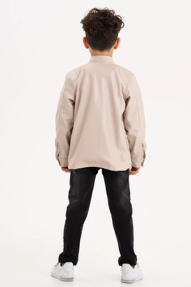 Çıtçıt Süslemeli Fermuarlı Astarlı Erkek Çocuk Deri Ceket - Resim 6