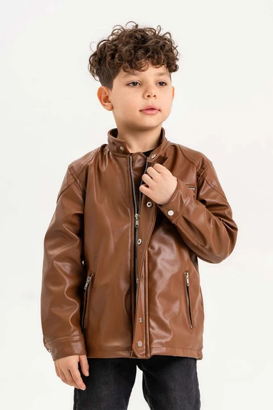 Çıtçıt Süslemeli Fermuarlı Astarlı Erkek Çocuk Deri Ceket - 9