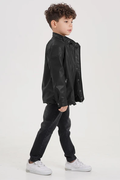 Çıtçıt Süslemeli Fermuarlı Astarlı Erkek Çocuk Deri Ceket - 9