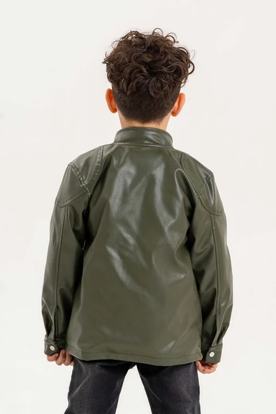 Çıtçıt Süslemeli Fermuarlı Astarlı Erkek Çocuk Deri Ceket - 4