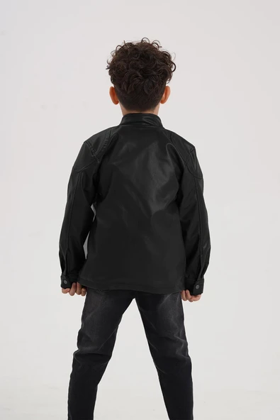 Çıtçıt Süslemeli Fermuarlı Astarlı Erkek Çocuk Deri Ceket - 10