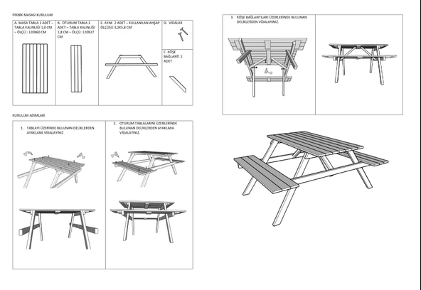 Pinoxi Ahşap Bahçe Masası Piknik Masası - 4