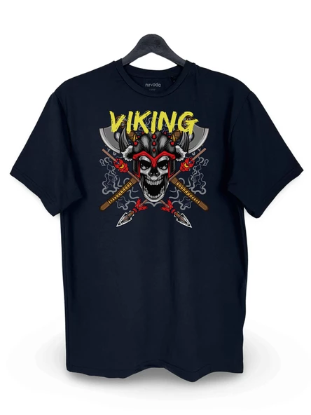 Viking Kurukafa Baskılı Unisex Bisiklet Yaka Tişört