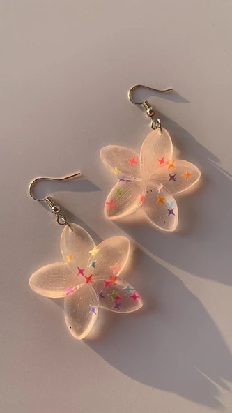 Şeffaf Yıldız Simli Yıldız Glitterli Parlak Gümüş Aksesuar Menekşe Şekil 6 Cm Epoksi Küpe Hediyelik - Resim 6