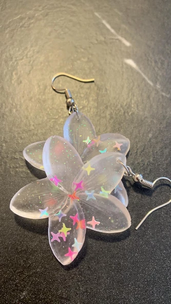 Şeffaf Yıldız Simli Yıldız Glitterli Parlak Gümüş Aksesuar Menekşe Şekil 6 Cm Epoksi Küpe Hediyelik - Resim 5