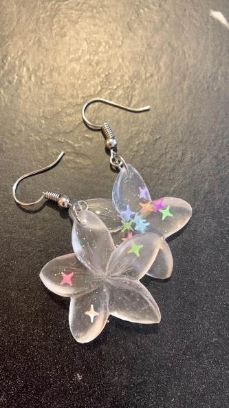 Şeffaf Yıldız Simli Yıldız Glitterli Parlak Gümüş Aksesuar Menekşe Şekil 6 Cm Epoksi Küpe Hediyelik - Resim 7