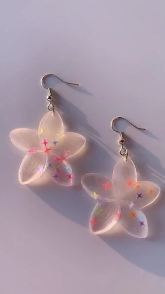 Şeffaf Yıldız Simli Yıldız Glitterli Parlak Gümüş Aksesuar Menekşe Şekil 6 Cm Epoksi Küpe Hediyelik - Resim 8